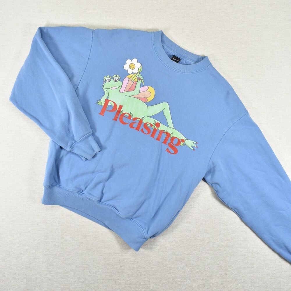 Pleasing Harry Styles Frog Graphic Crewneck Sweatshirt Blue S Made in USA